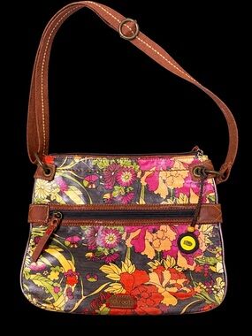 Sakroots Brown Strap Floral Crossbody in Pink, Orange & Yellow
